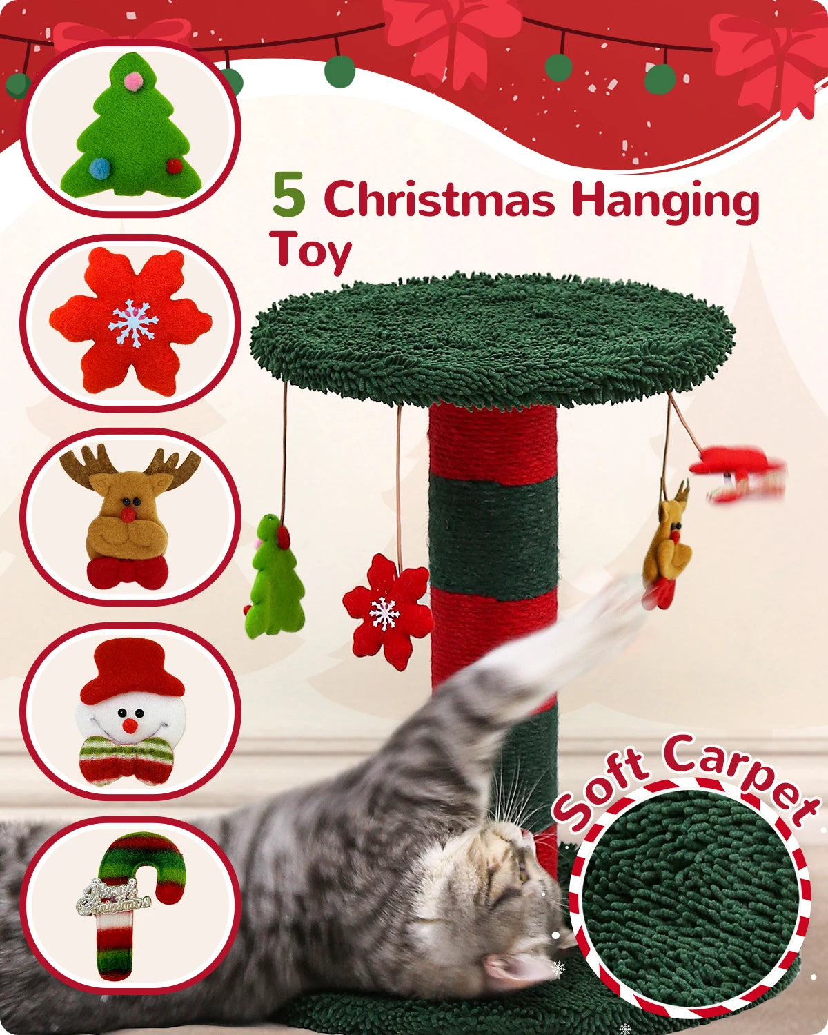 Christmas Tree Cat Scratching Post - 31-Inch Cute Scratcher with Plush Toys