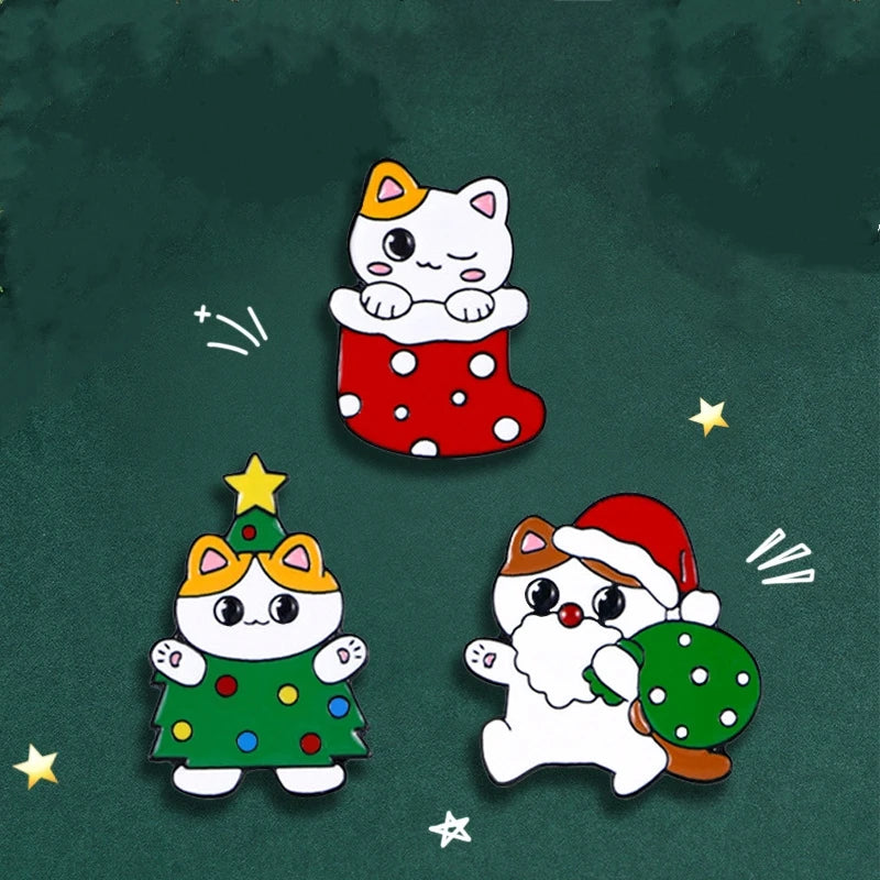 Cute Cartoon Christmas Cat Enamel Brooch - Stocking Tree Santa Claus Lapel Pin