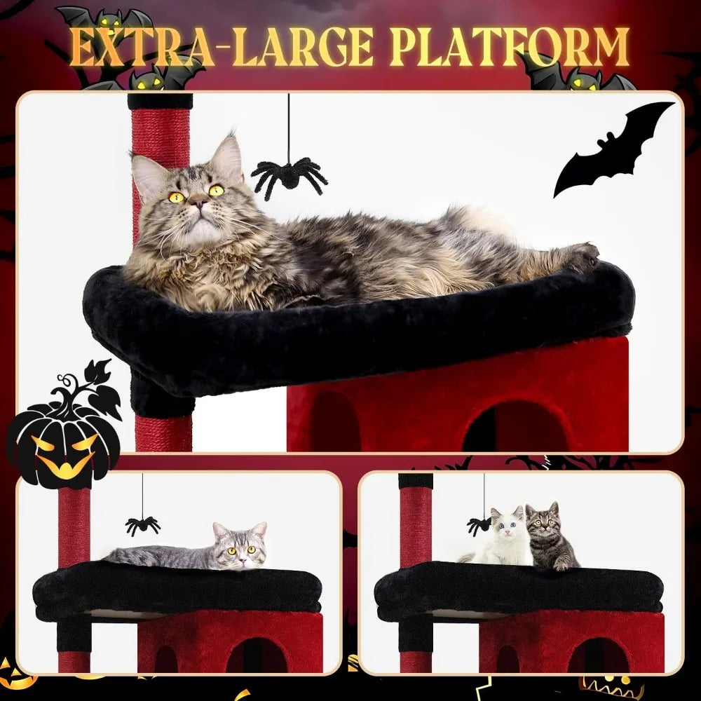 Heavy Duty Gothic Cat Tree for Large Cats, Sturdy 72in for Adult Biggest Cats with 6 Scratching Posts, Hammock, Black