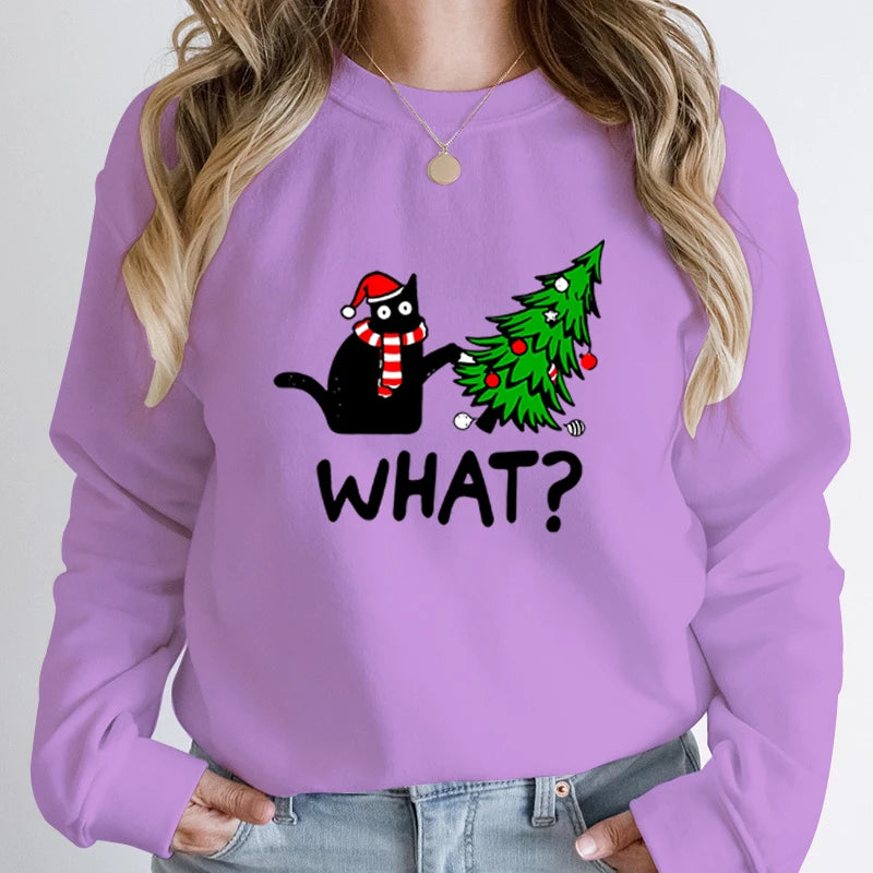 Black Cat Christmas Print Sweatshirt -  Long-Sleeved Pullover for Women