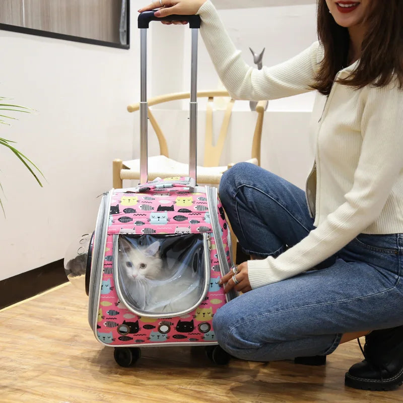 2 In 1 Large Pet Backpack Cat Stroller Pet Carrier with Wheels Portable Foldable Tie-Rod Pet Bag Cat and Dog Travel Carrier Bag