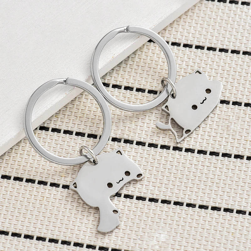 Stainless Steel Cat Couple Keychain - Cute Animal Matching Keyring Pendants