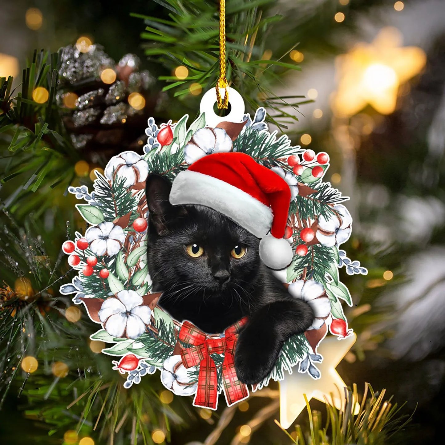 Christmas Cat Ornament - Wooden Hanging Decoration Gift