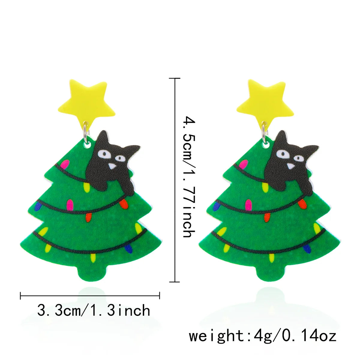 Acrylic Cat Christmas Tree Earrings - Xmas Tree Black Kitten Jewelry