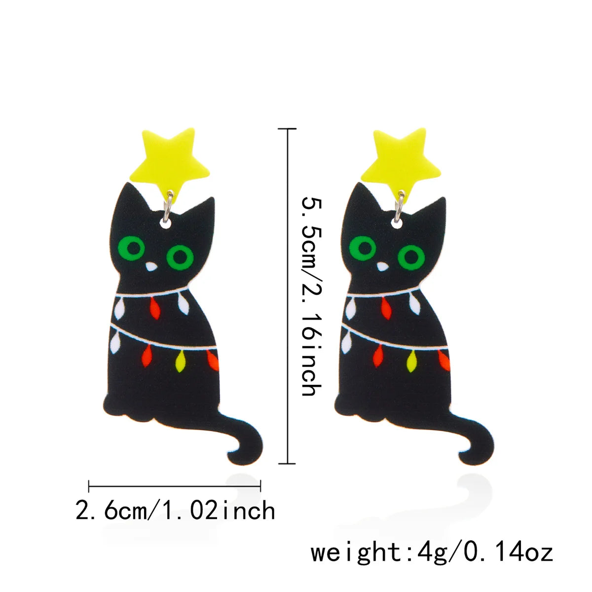 Acrylic Cat Christmas Tree Earrings - Xmas Tree Black Kitten Jewelry