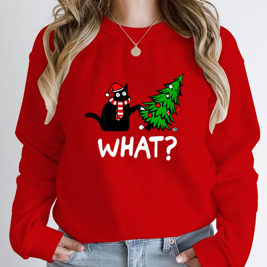 Black Cat Christmas Print Sweatshirt -  Long-Sleeved Pullover for Women