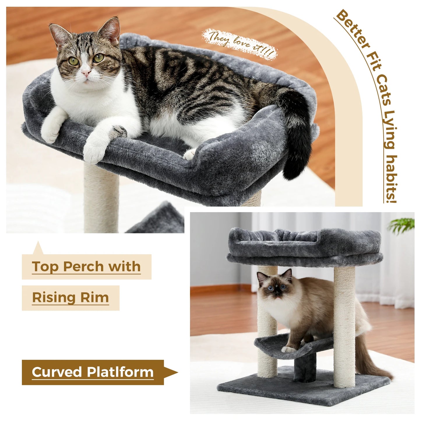 48CM Small Cat Tree with Top Large Perch Bed Curved Platform